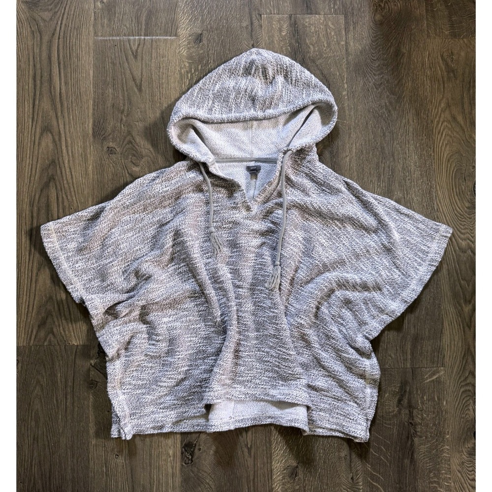 Aerie Hooded Poncho Top Size M Gray Marled Knit Tassel Short Sleeve Excellent